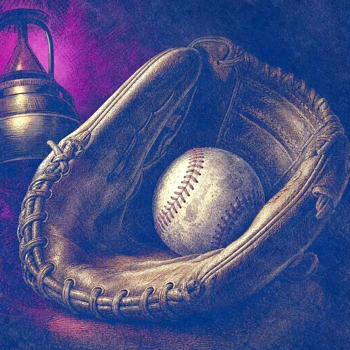 A vintage baseball glove and worn baseball, lit by a single warm light