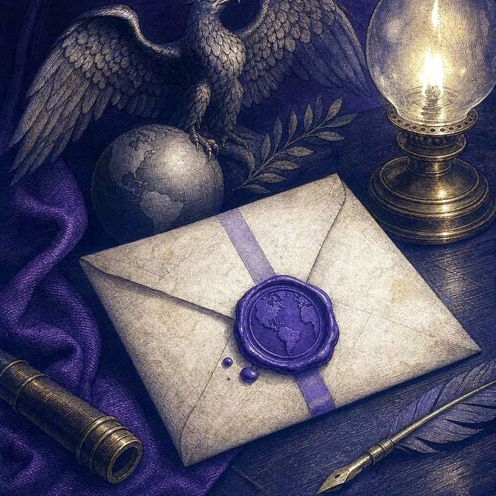 A close-up of an antique diplomatic correspondence letter with a wax seal, lit by a single warm lamp