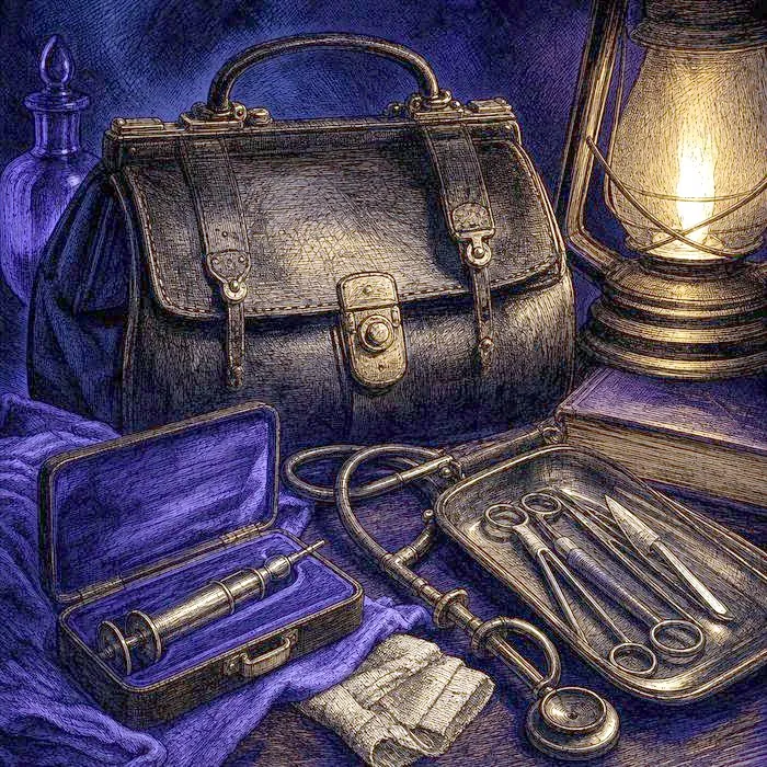 A close-up of an antique medical bag and surgical instruments from the 1880s, lit by a single warm lamp