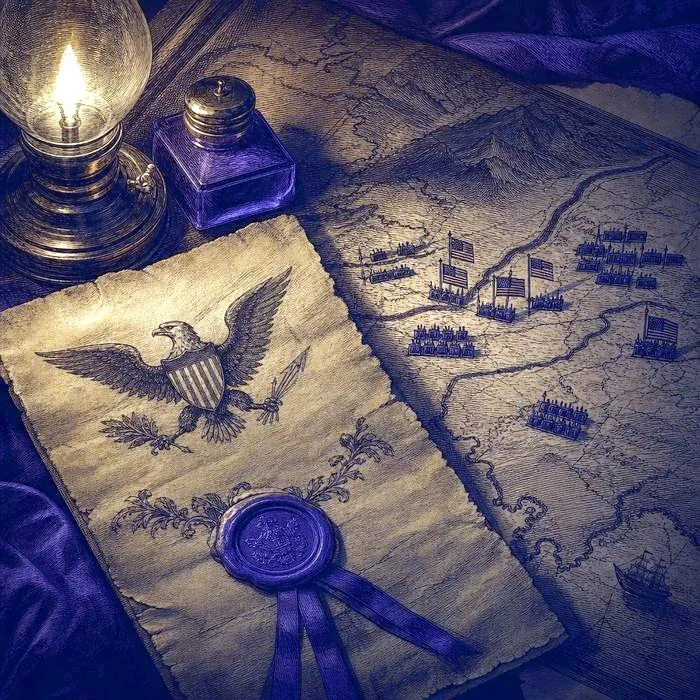 A close-up of an antique treaty document and military map fragment, lit by a single warm light