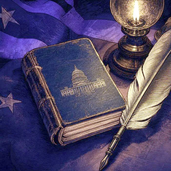 A close-up of an antique printed pocket copy of the Constitution beside a quill, lit by a single lamp