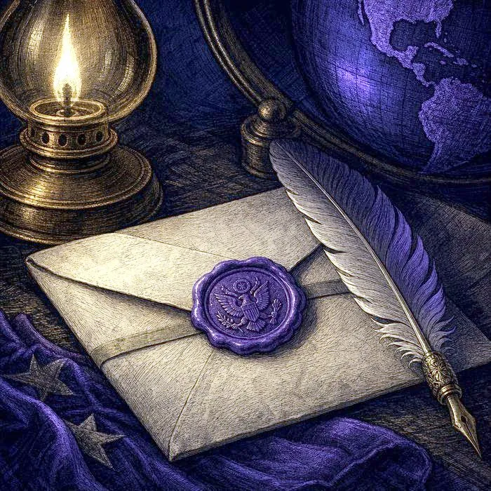 A close-up of an antique diplomatic wax-sealed letter beside a quill, lit by a single lamp