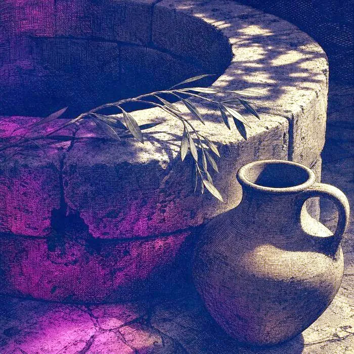 A close-up of a weathered stone well and clay water jug in dappled sunlight