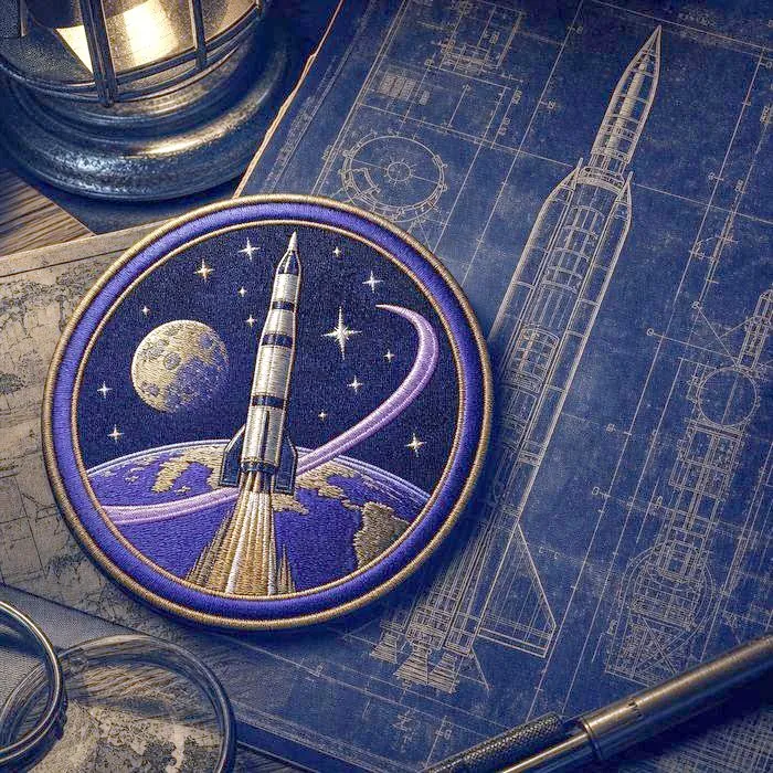 A close-up of an antique space-program mission patch and rocket blueprint, warm single-light illumination
