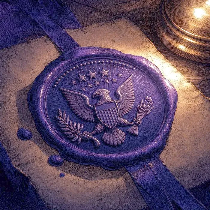 An antique wax presidential seal on parchment, lit by a single lamp