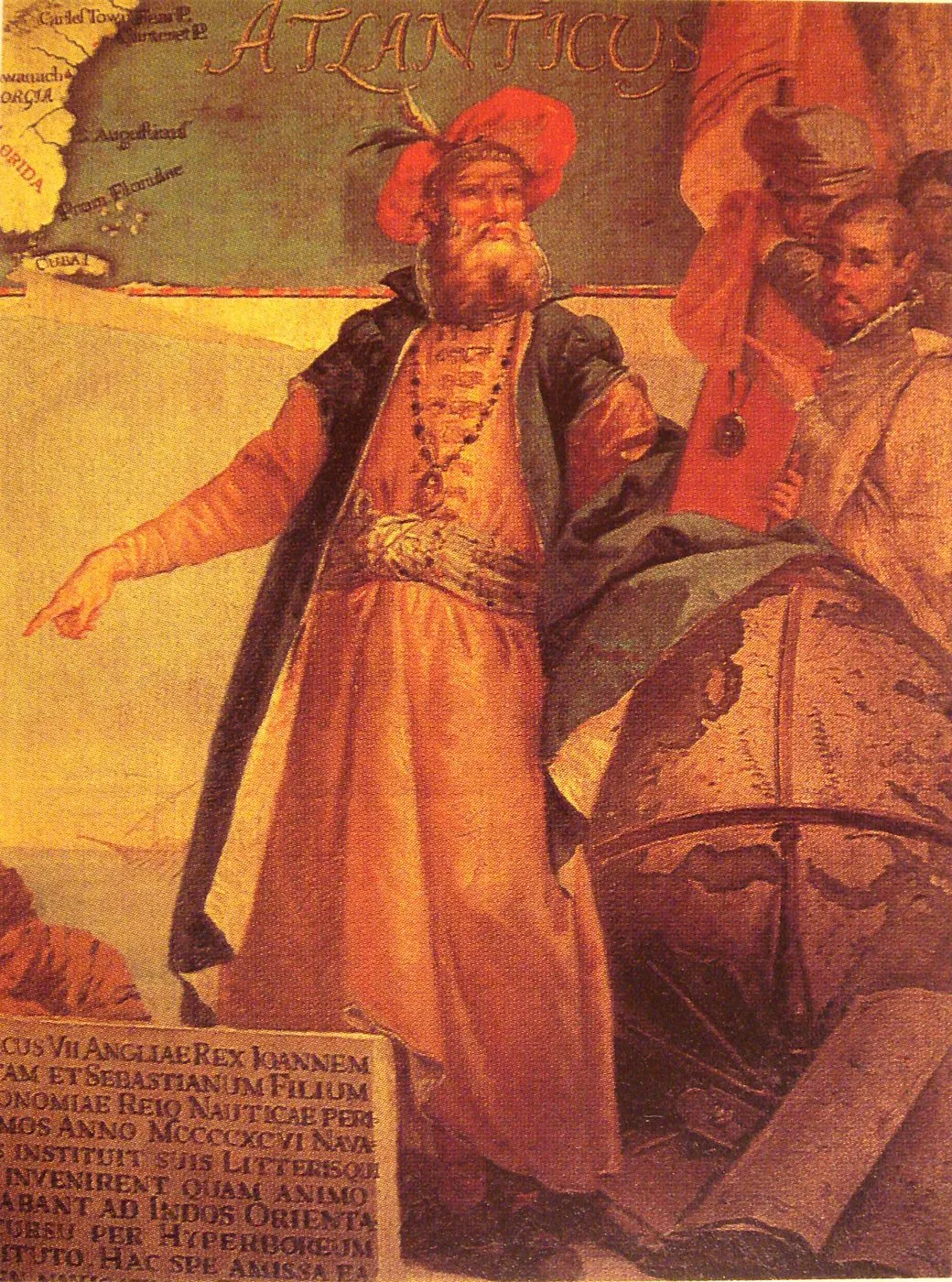John Cabot in traditional Venetian dress, gesturing toward a map of the North American coast, in a 1762 mural by Giustino Menescardi (no contemporary portrait of Cabot survives)