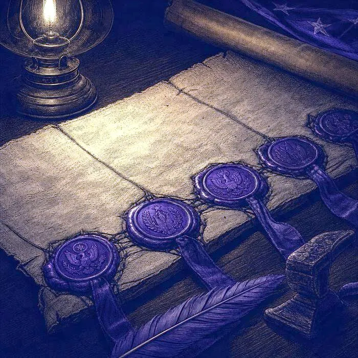 A close-up of an antique diplomatic treaty document with multiple wax seals, lit by a single lamp