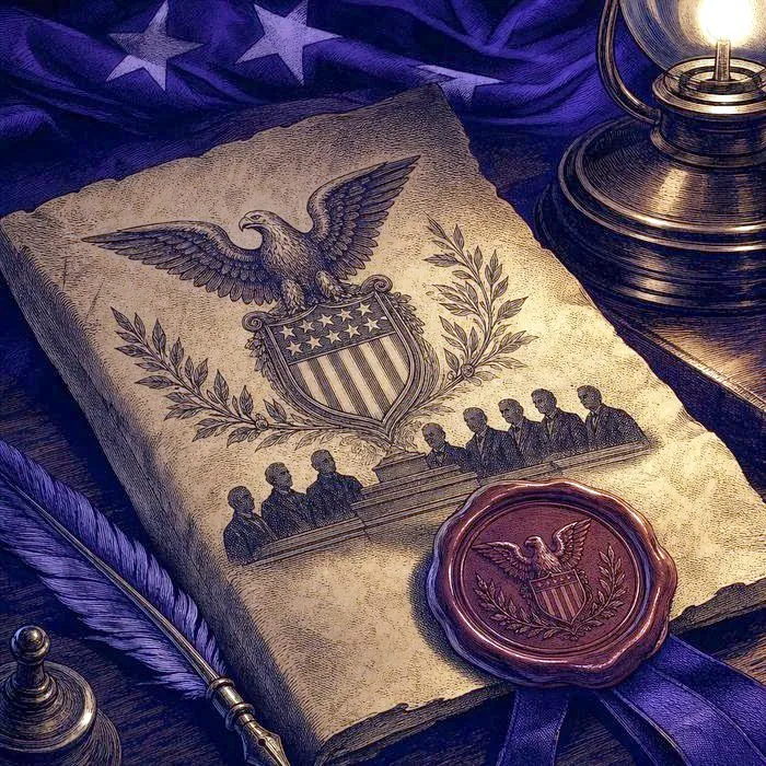 A close-up of an antique presidential succession document with a wax seal, lit by a single warm light
