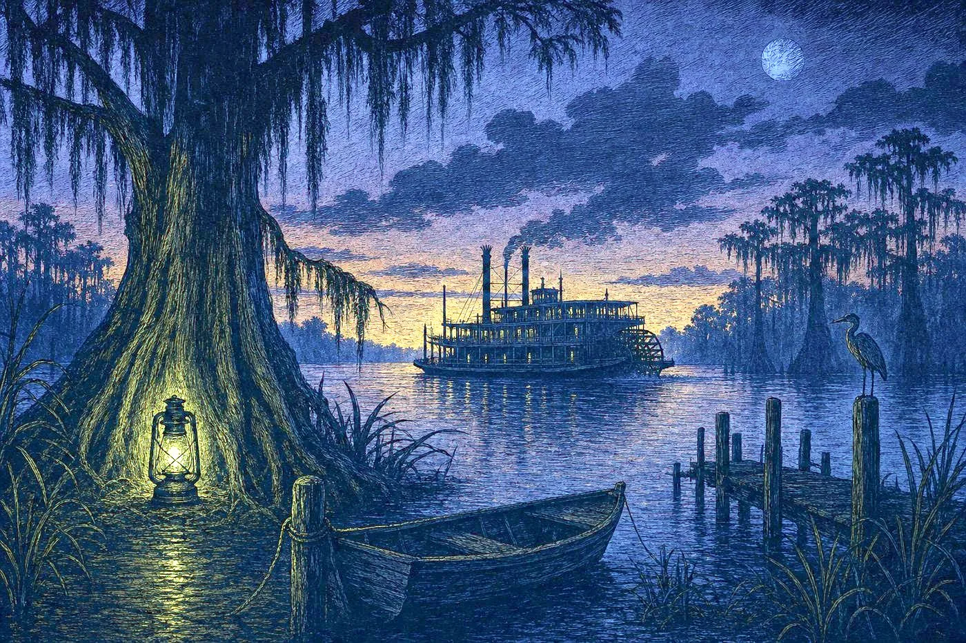 Moody bayou landscape at dusk with cypress trees draped in Spanish moss and a distant riverboat
