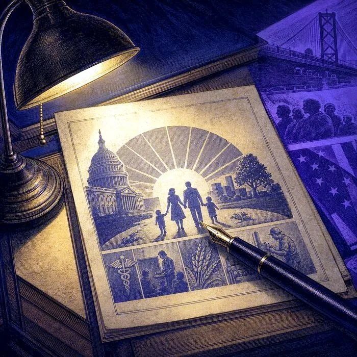 A close-up of an antique Great Society program document and pen, warm single-light illumination
