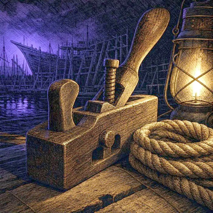 Antique wooden shipbuilding tool and rope coil on a dock
