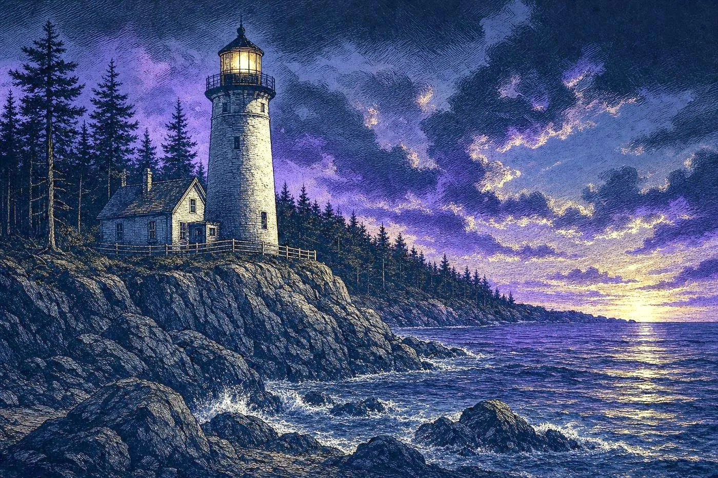 Rocky New England coastline at dusk with a weathered lighthouse silhouette and pine forest