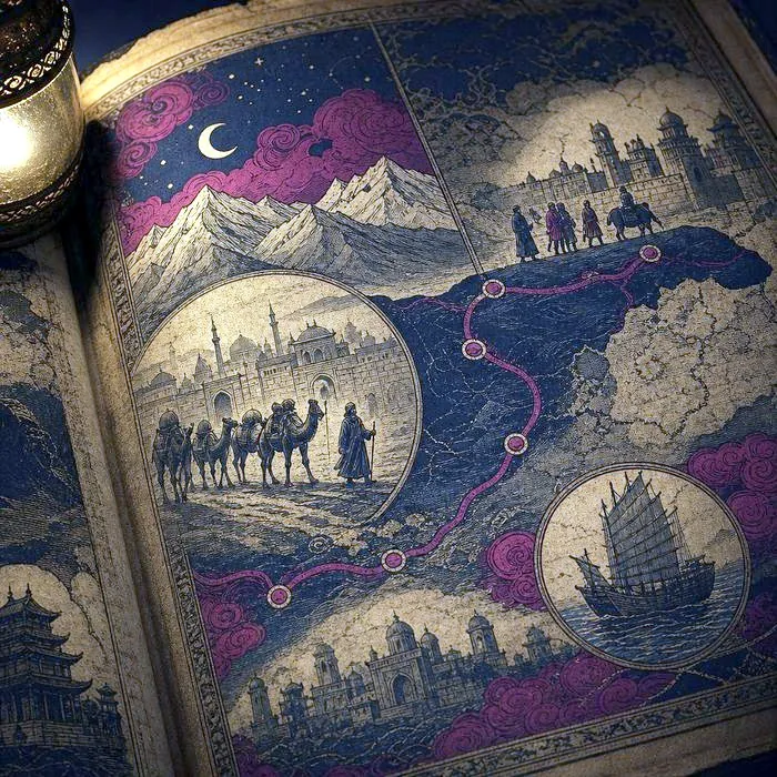 An antique illustrated travel manuscript page with Silk Road motifs