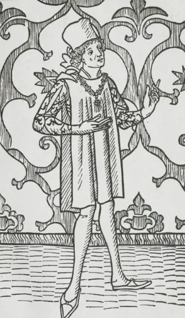 A woodcut sketch of Marco Polo in Venetian dress, from the frontispiece of the first German edition of his Travels, printed in Nuremberg in 1477 (no portrait from Polo's own lifetime survives)