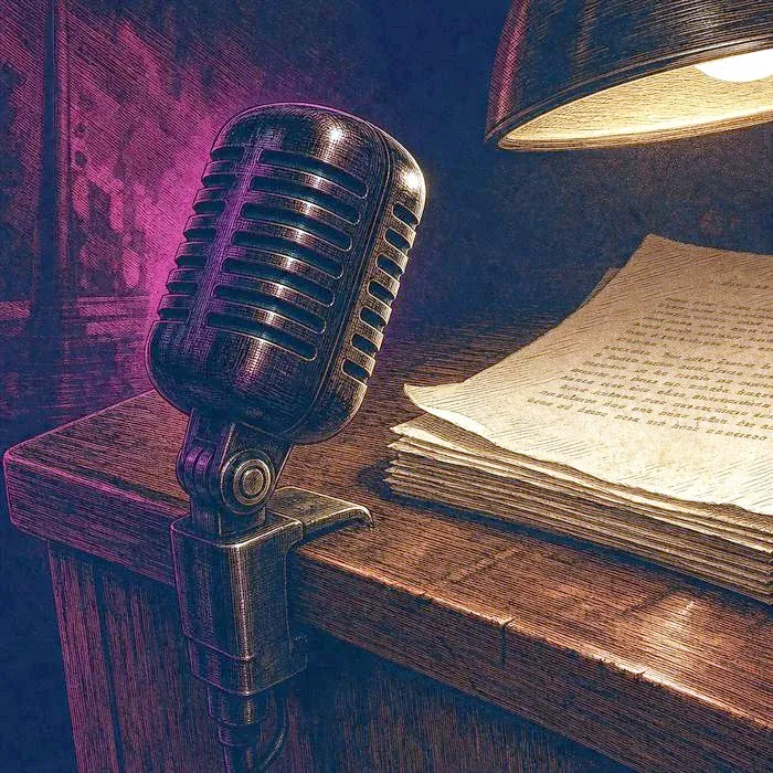 A close-up of a vintage microphone and speech notes on a wooden podium