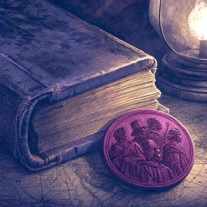 A worn hardcover book spine and pages, lit by a single warm light