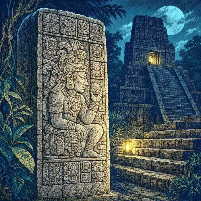 Carved Maya hieroglyphic stone monument beside a jungle temple stairway
