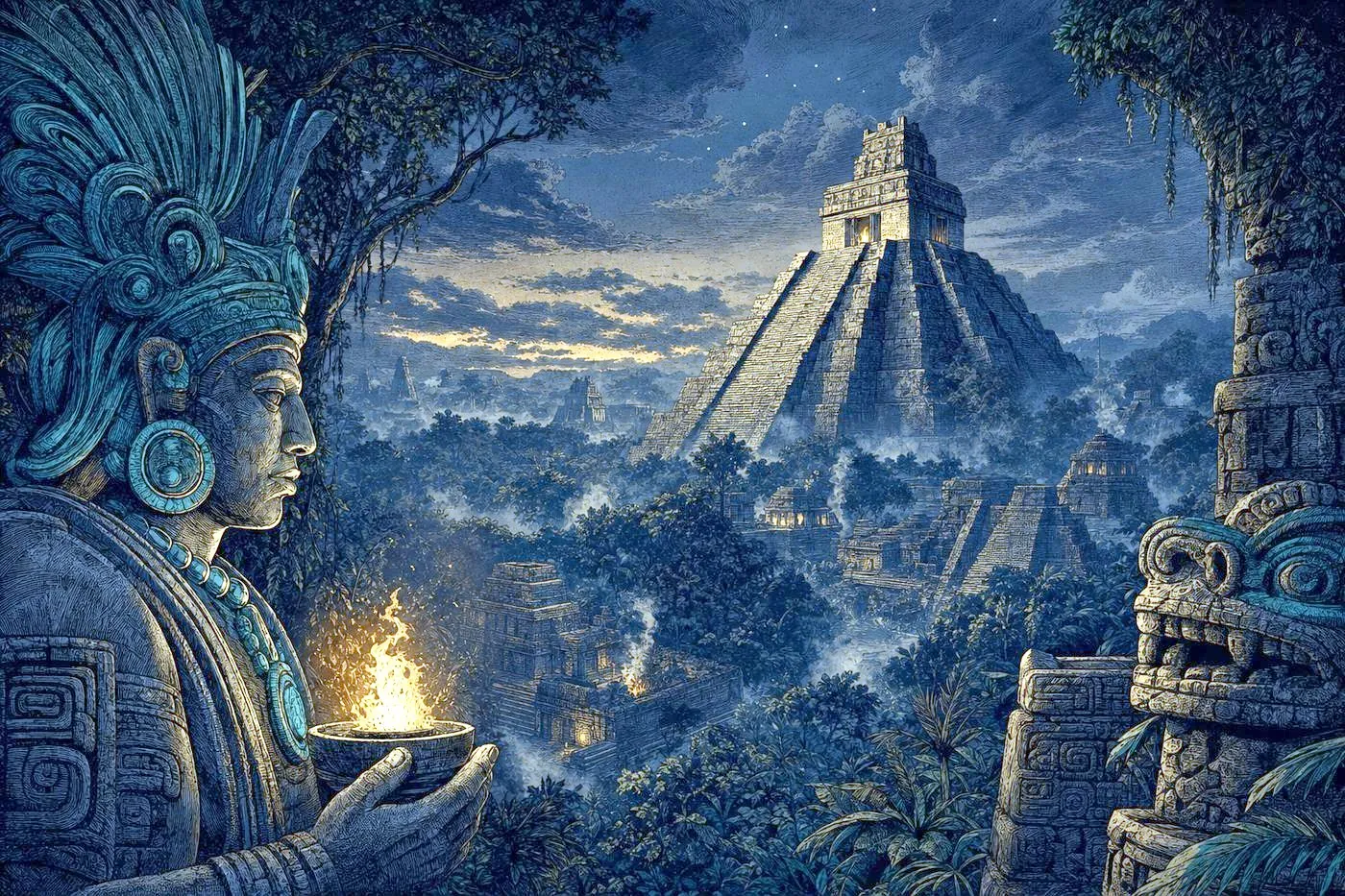 A stepped stone temple pyramid rising through dense jungle canopy at dusk
