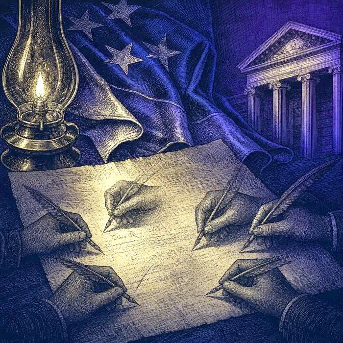A close-up of an antique legislative compromise document with several ink signatures, lit by a single warm light
