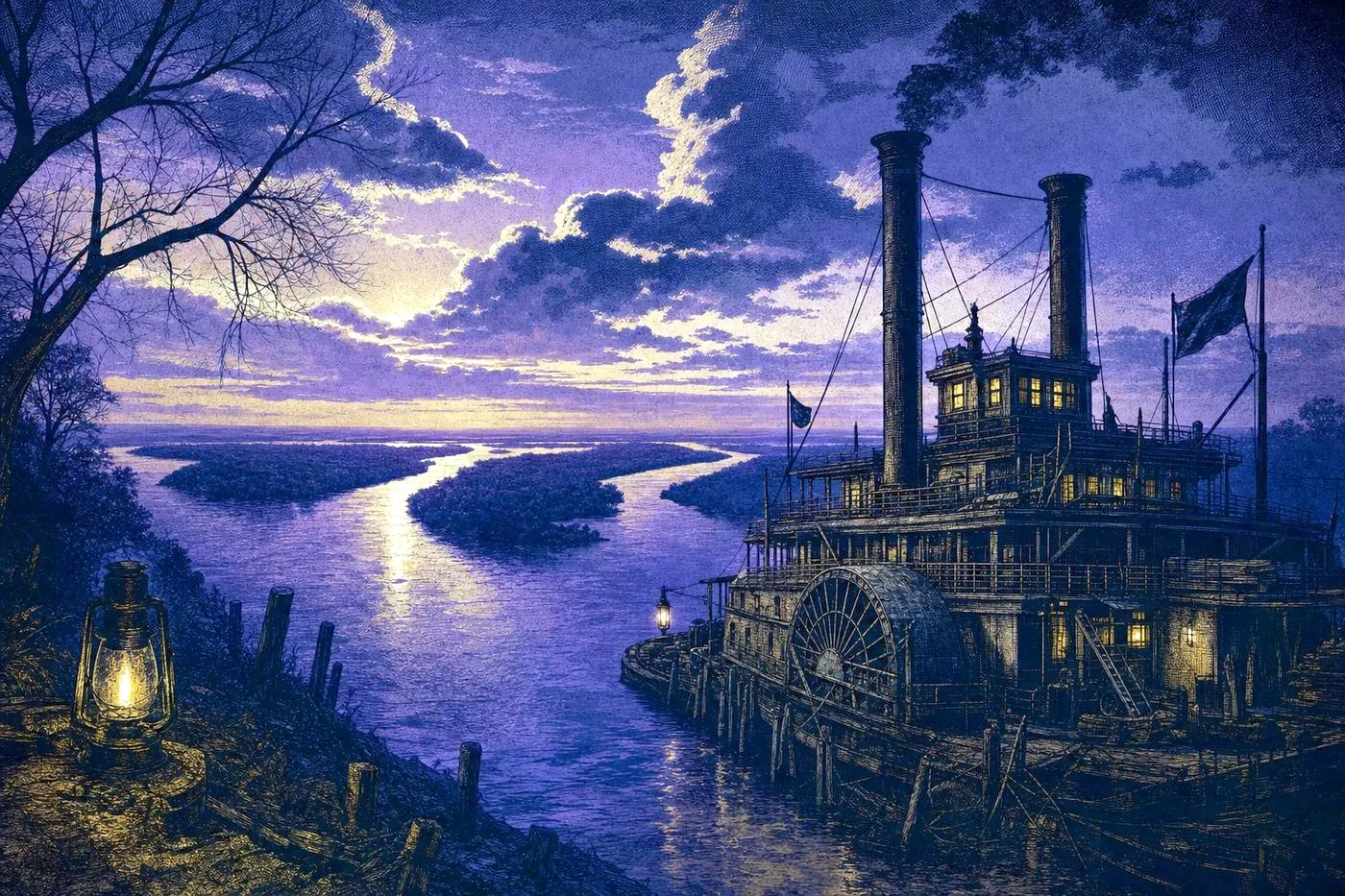 Wide Mississippi River confluence landscape at dusk with a weathered riverboat silhouette