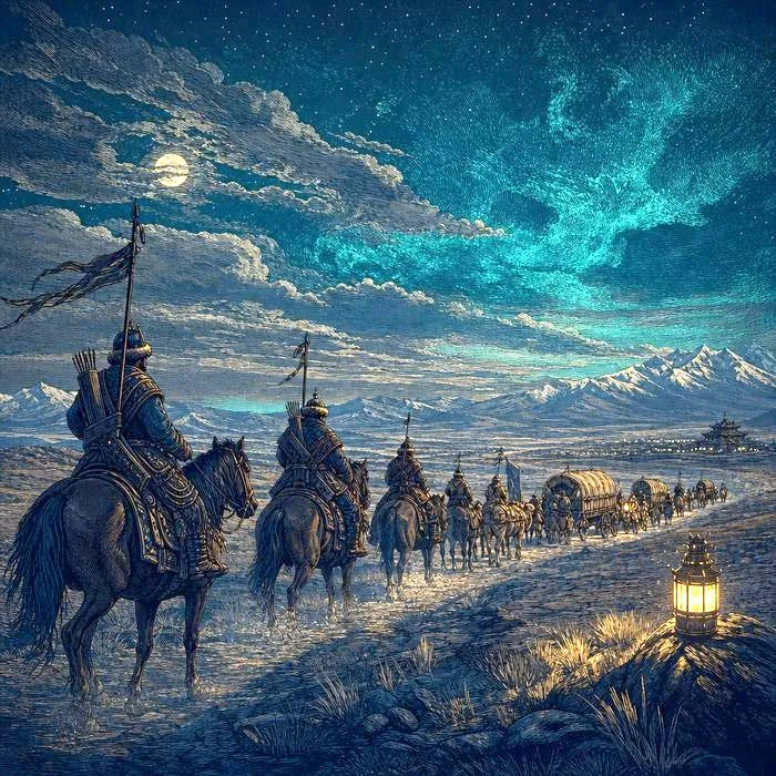 Mongol horsemen and a caravan crossing an open steppe beneath a vast sky