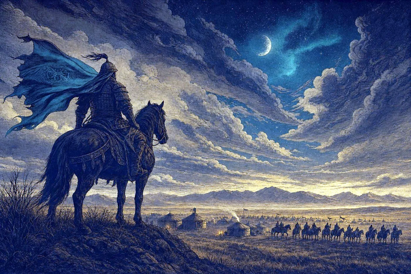 A lone rider silhouetted on a vast steppe under a glowing horizon
