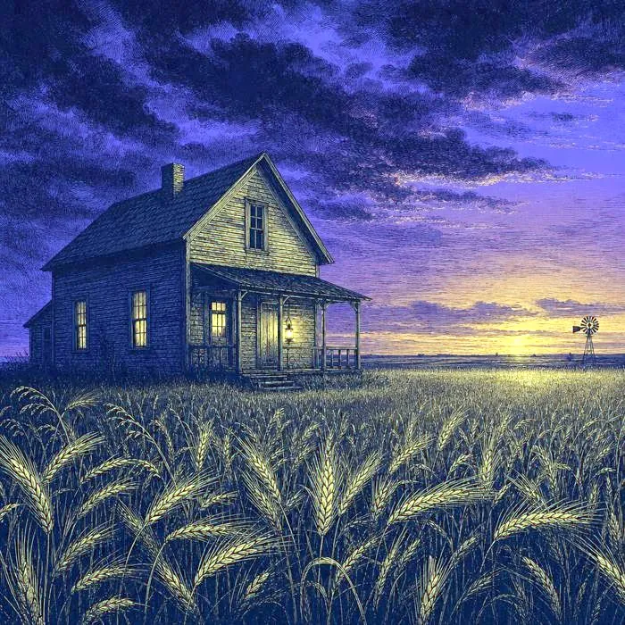 A weathered homestead-era farmhouse and wheat field at dusk on the Great Plains