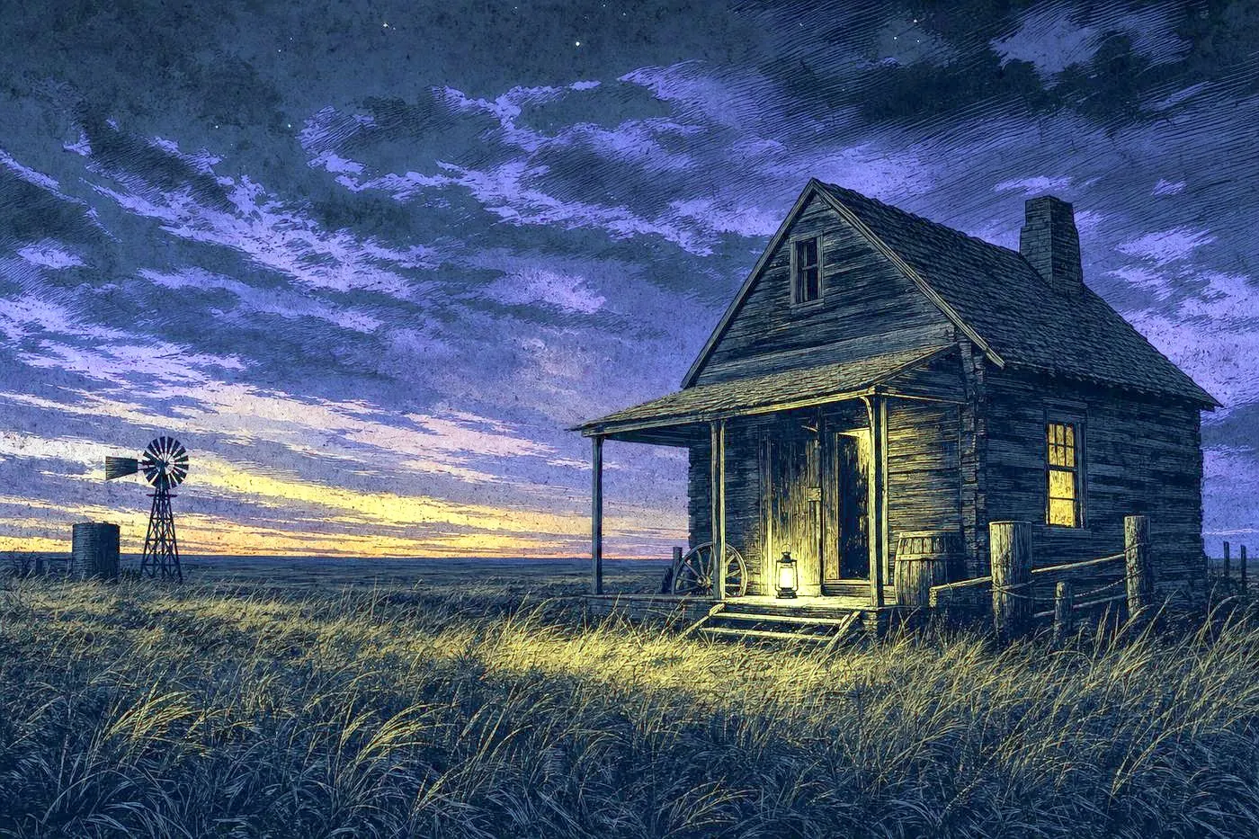 Weathered prairie cabin silhouette at dusk with grassland stretching to the horizon