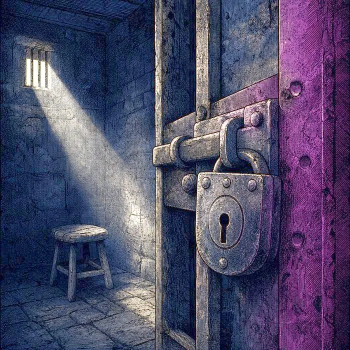 A close-up of a weathered prison cell door and a worn wooden stool