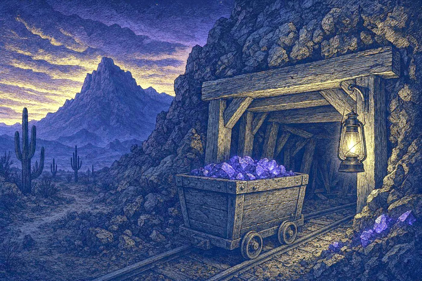Desert mountain silhouette at dusk with mine shaft entrance and weathered ore cart