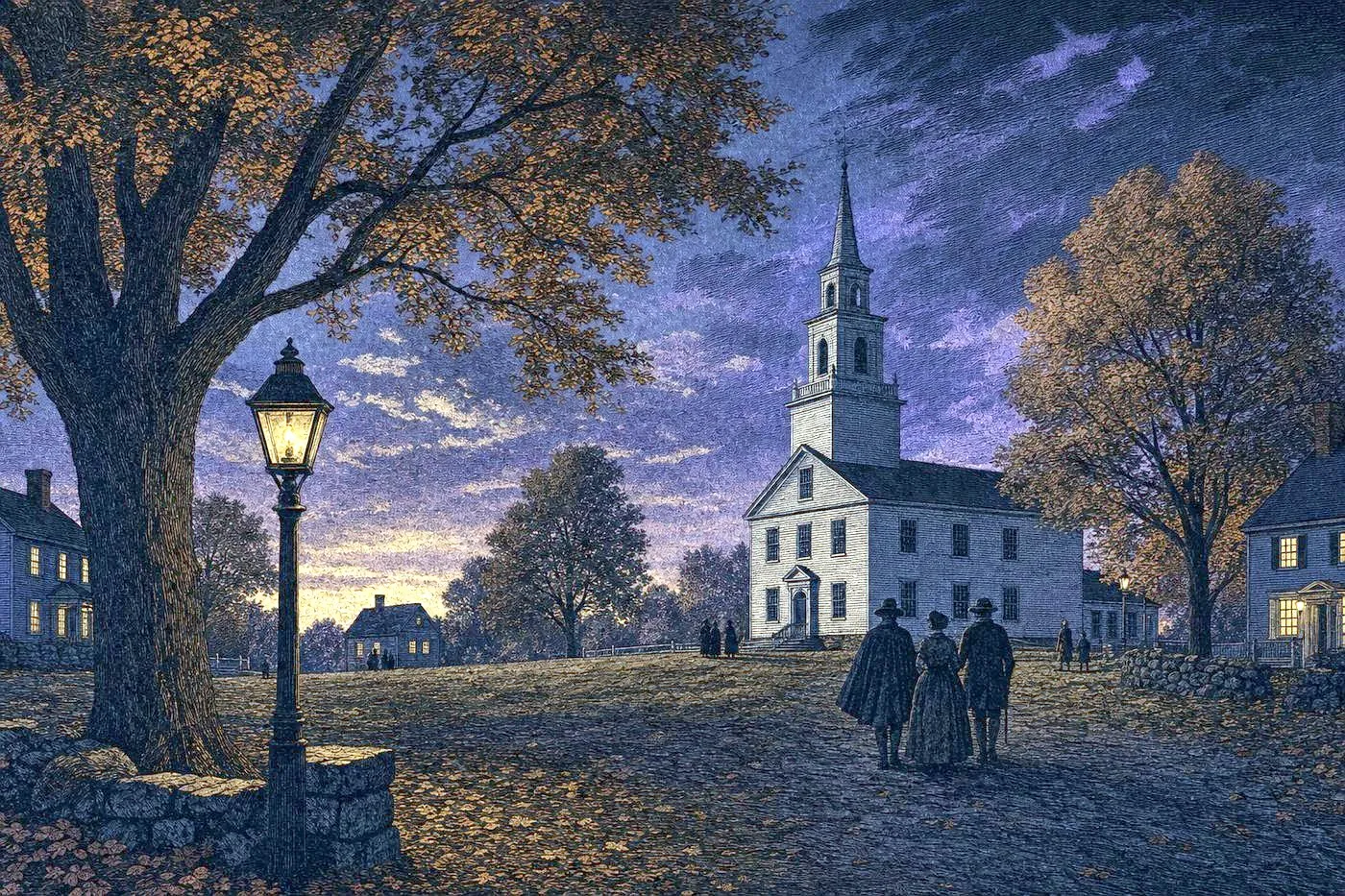 Colonial New England town green at dusk with white clapboard meetinghouse and autumn trees