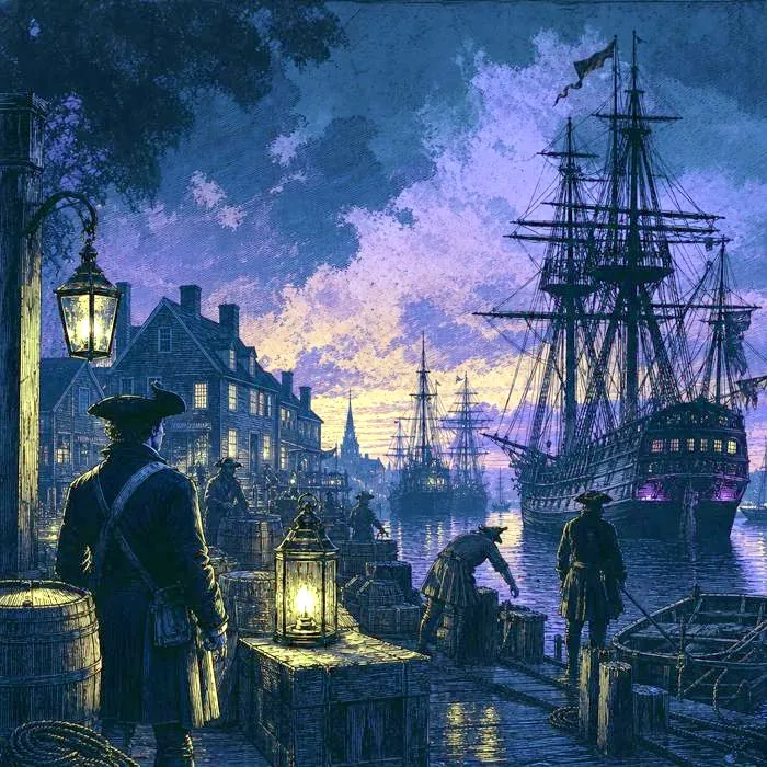 A Revolutionary War-era colonial dock and harbor scene at dusk