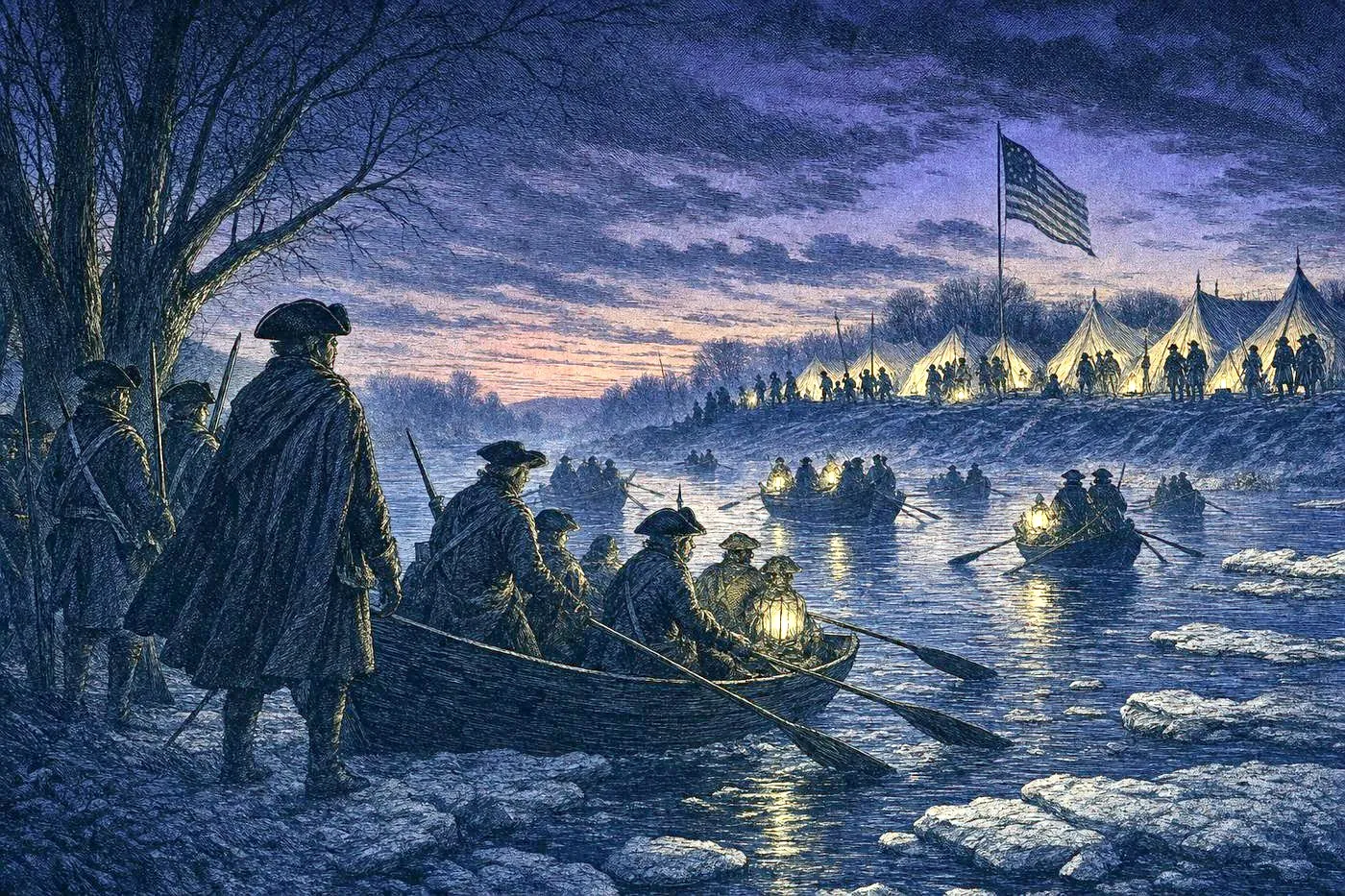 Frozen river crossing at dusk with rowboats and colonial army encampment silhouette