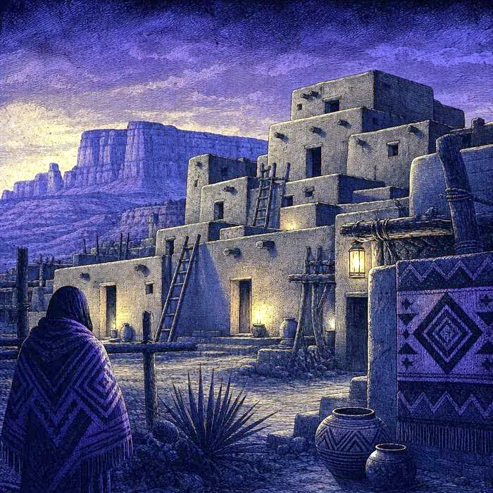 An adobe pueblo dwelling complex at dusk with a desert mesa backdrop