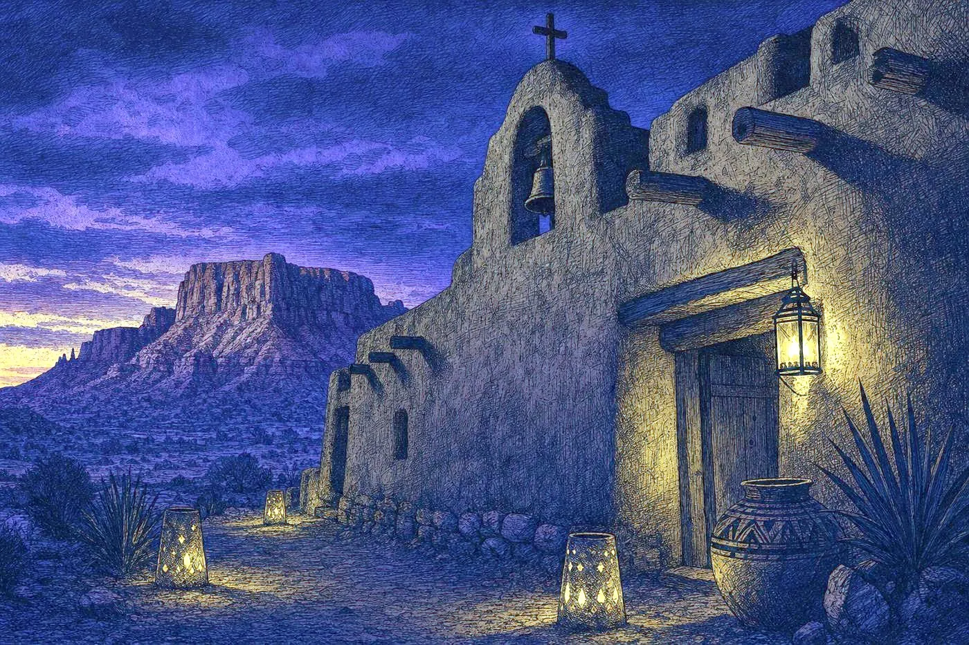 Adobe pueblo mission wall at dusk against a desert mesa landscape