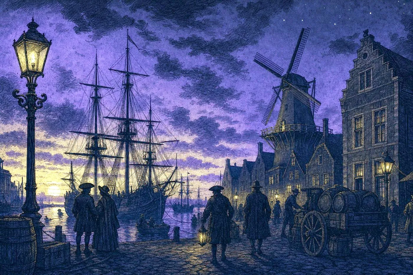A colonial-era harbor silhouette at dusk with tall ship masts and an early windmill