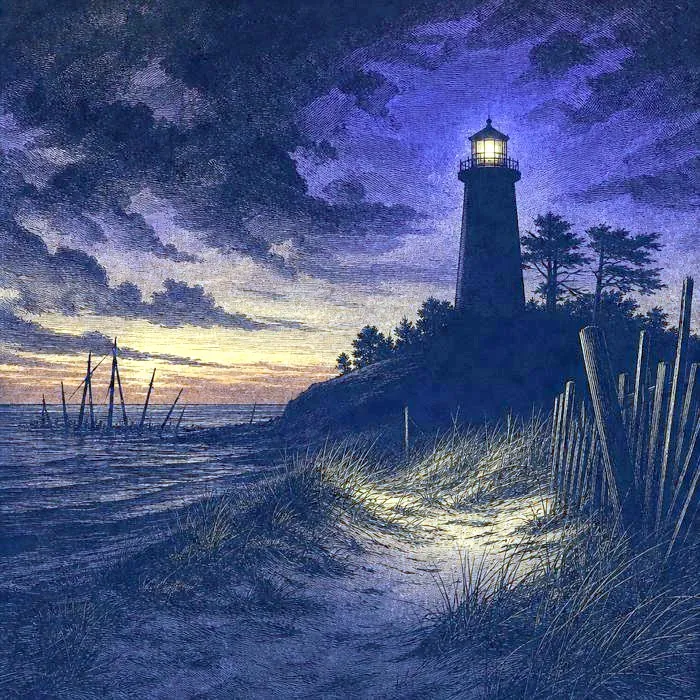 A coastal dune and lighthouse silhouette at dusk, evoking the Lost Colony of Roanoke