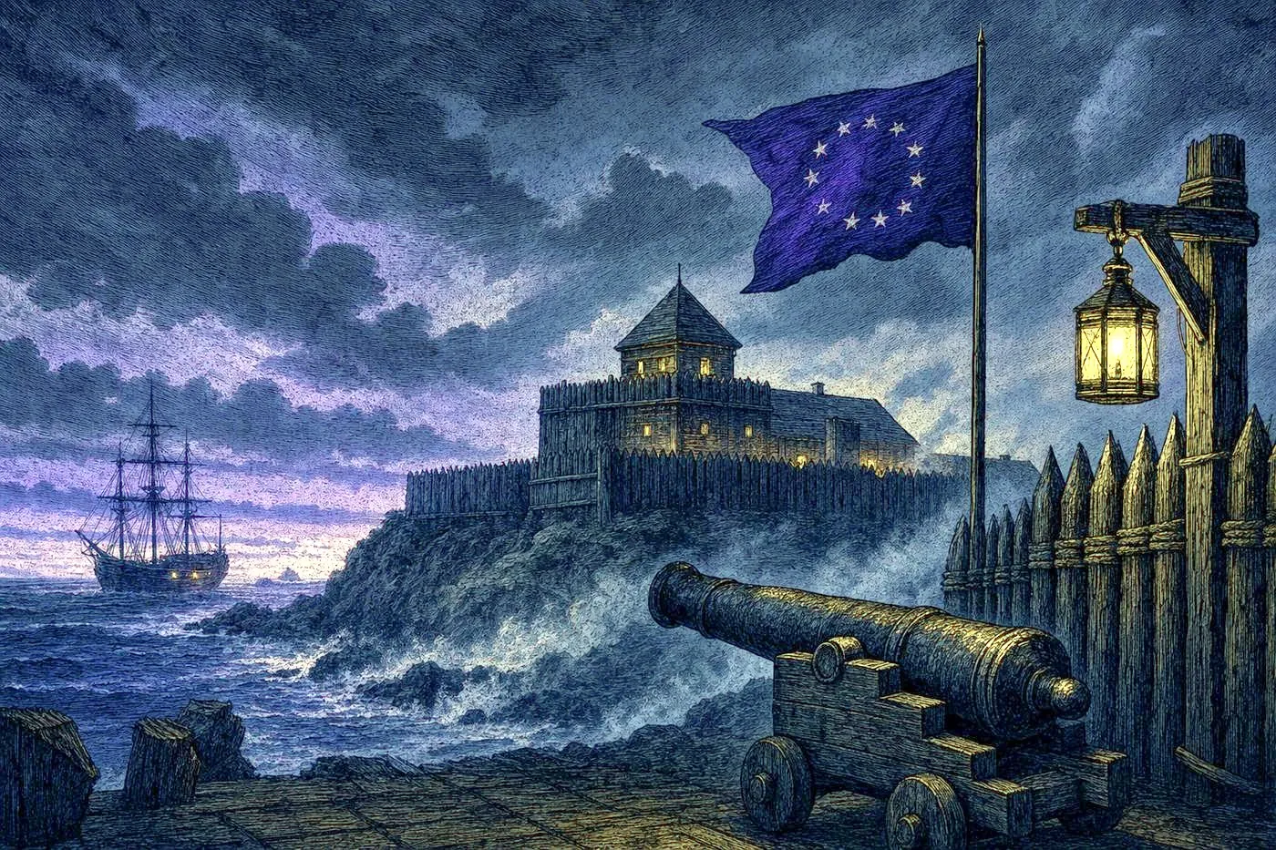 Misty Atlantic coastline at dusk with weathered colonial fort palisade silhouette