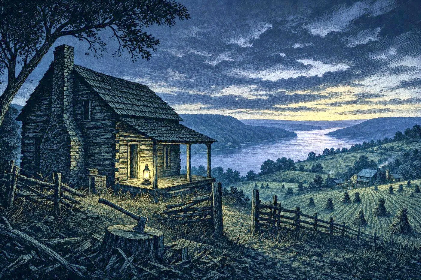 A rolling Ohio River valley landscape at dusk with historic cabin silhouette