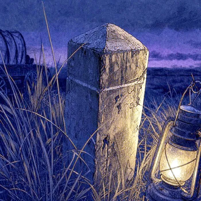Weathered antique land-run stake marker in tall grass