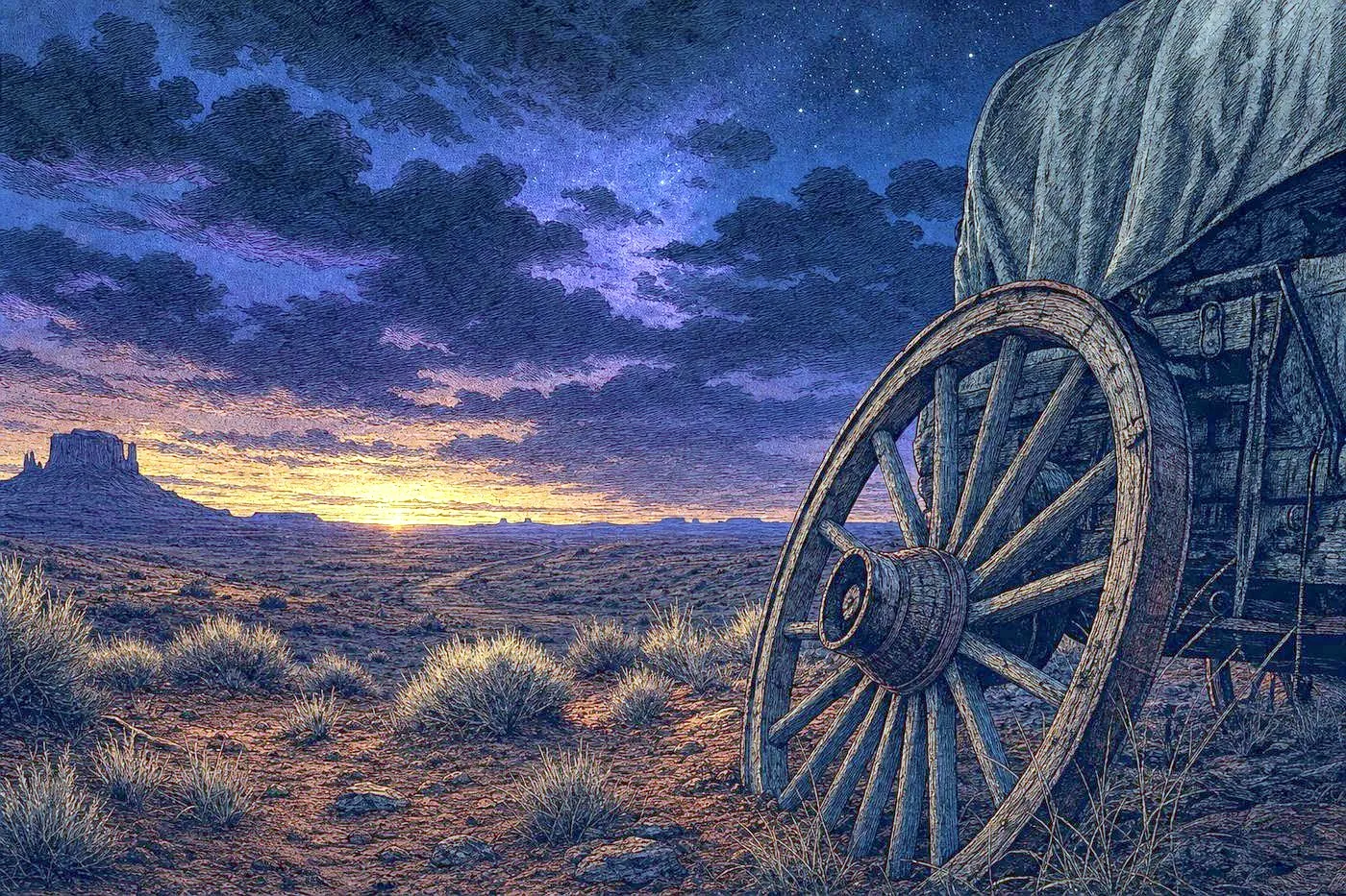 A vast red-earth prairie landscape with a weathered covered-wagon wheel