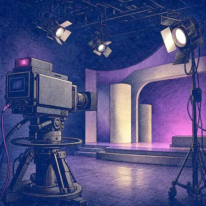 A vintage television studio camera and stage lights facing an empty set