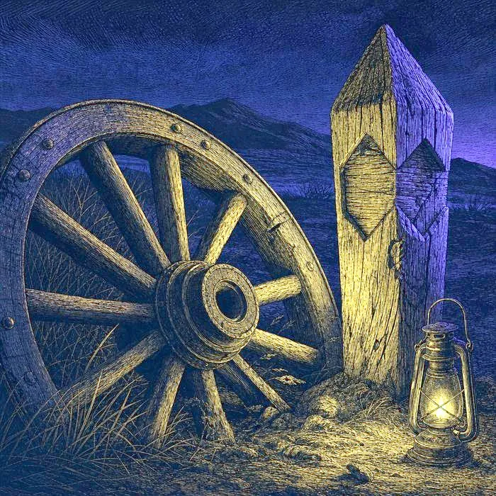 Weathered antique wagon-wheel rim and trail marker post