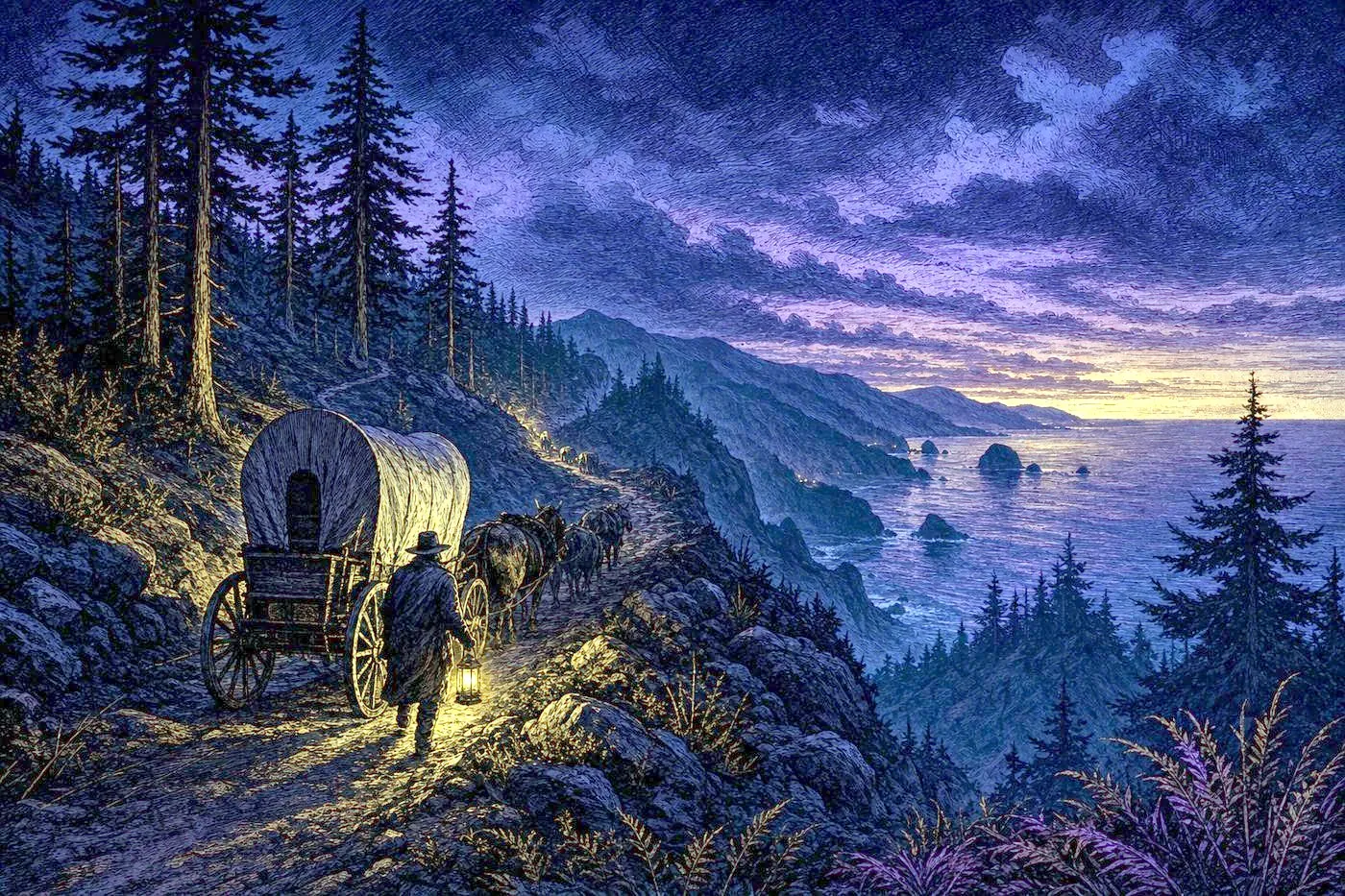 A dramatic Pacific coastline with evergreen forest and a wagon trail winding through