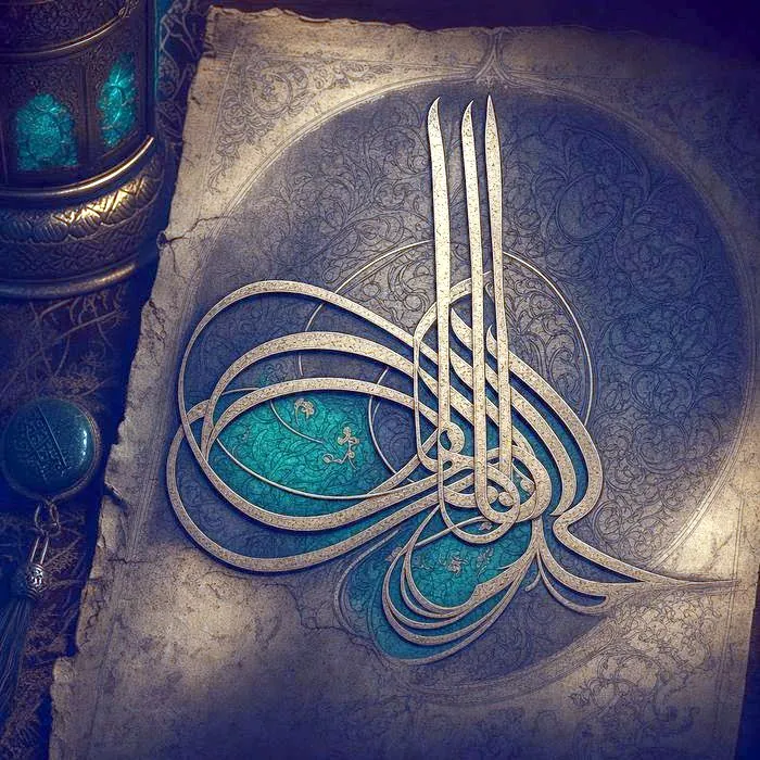 Close-up of an ornate Ottoman sultan's calligraphic seal (tughra) engraved on aged parchment