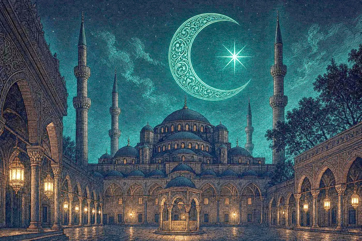 A domed mosque skyline at dusk with a glowing crescent-and-star motif, evoking the reach of the Ottoman Empire