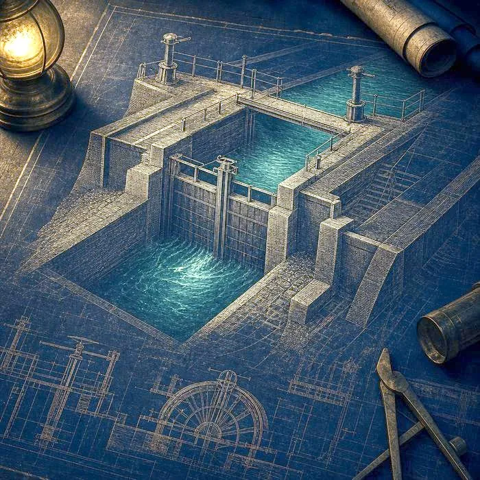 An antique engineering blueprint illustration of a canal lock