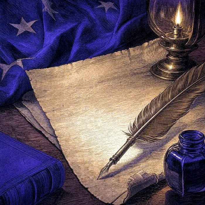 Colonial-era printed founding document and quill pen on wooden desk