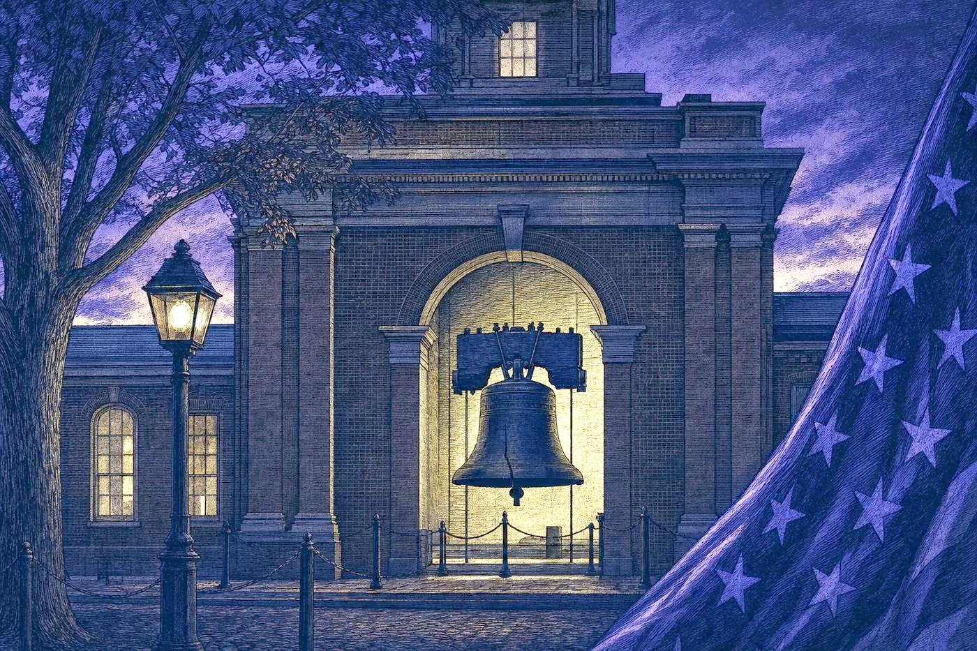 A colonial-era brick building facade with Liberty Bell silhouette through archway
