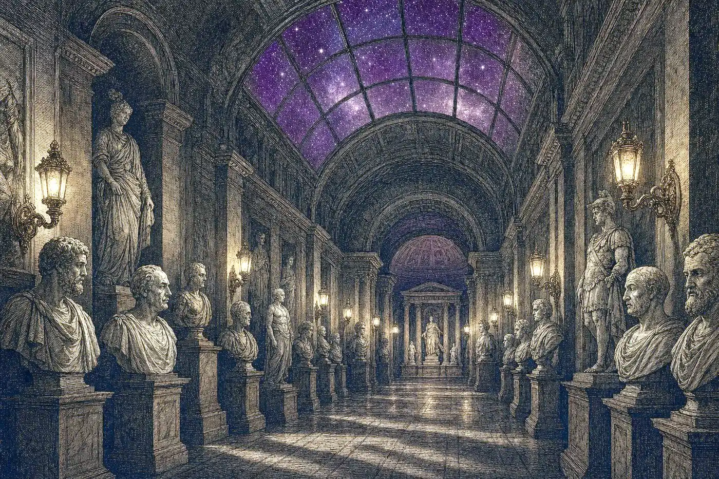 A candlelit hall of classical busts and statues beneath a starlit skylight